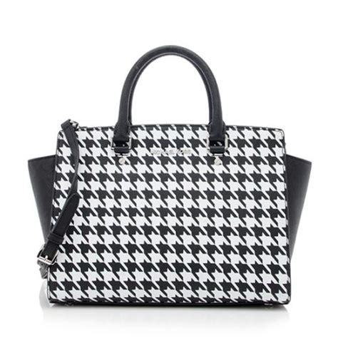 michael michael kors selma houndstooth saffiano leather large satchel